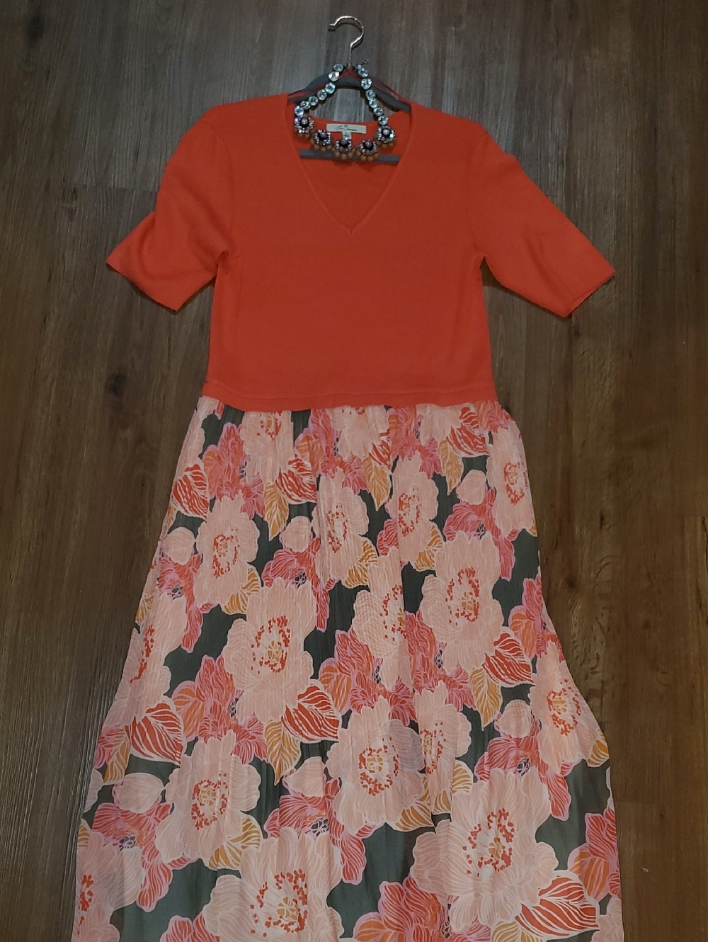 Les Serein Women's Dress with Coral Knit Top and Floral Skirt